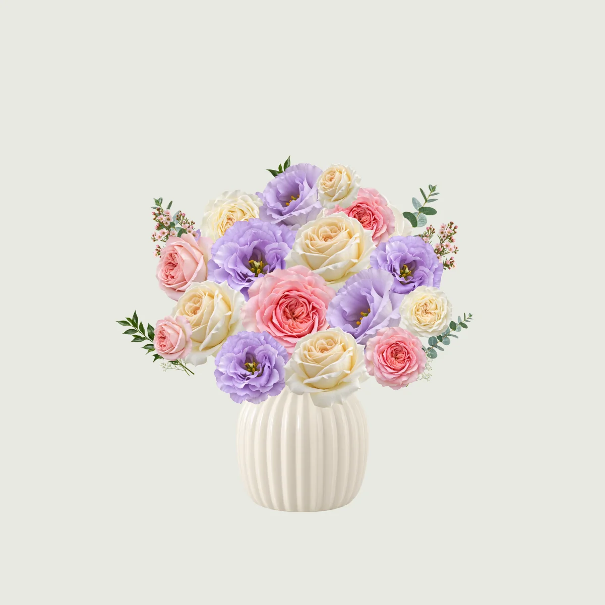 Lavender lisianthus and rose bouquet